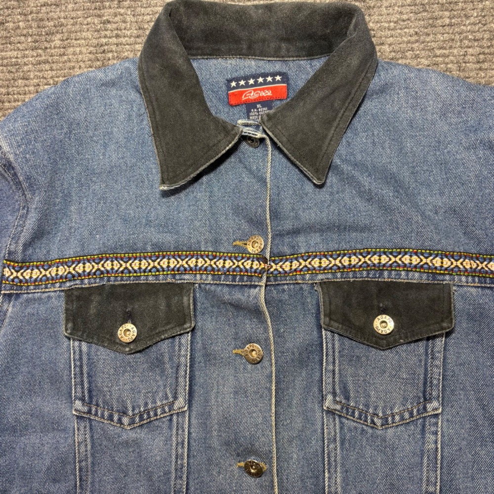Agapo Vintage‎ Denim Trucker Jacket XL Southwestern Embroidered Fringe Cotton